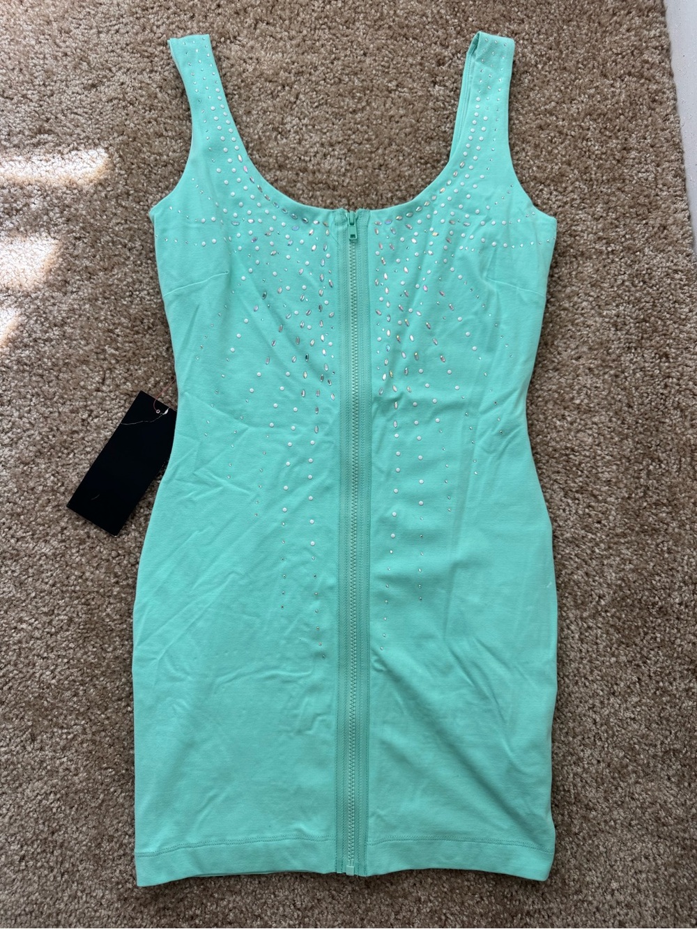 Y2K BEBE Sleeveless Mint Bodycon Dress with Front Zip and Crystal Accents